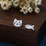 Mismatched Cat and Fish Stud Earrings in Sterling Silver, Asymmetric Cat and Fish Earrings, Cute Cat Lover Earrings