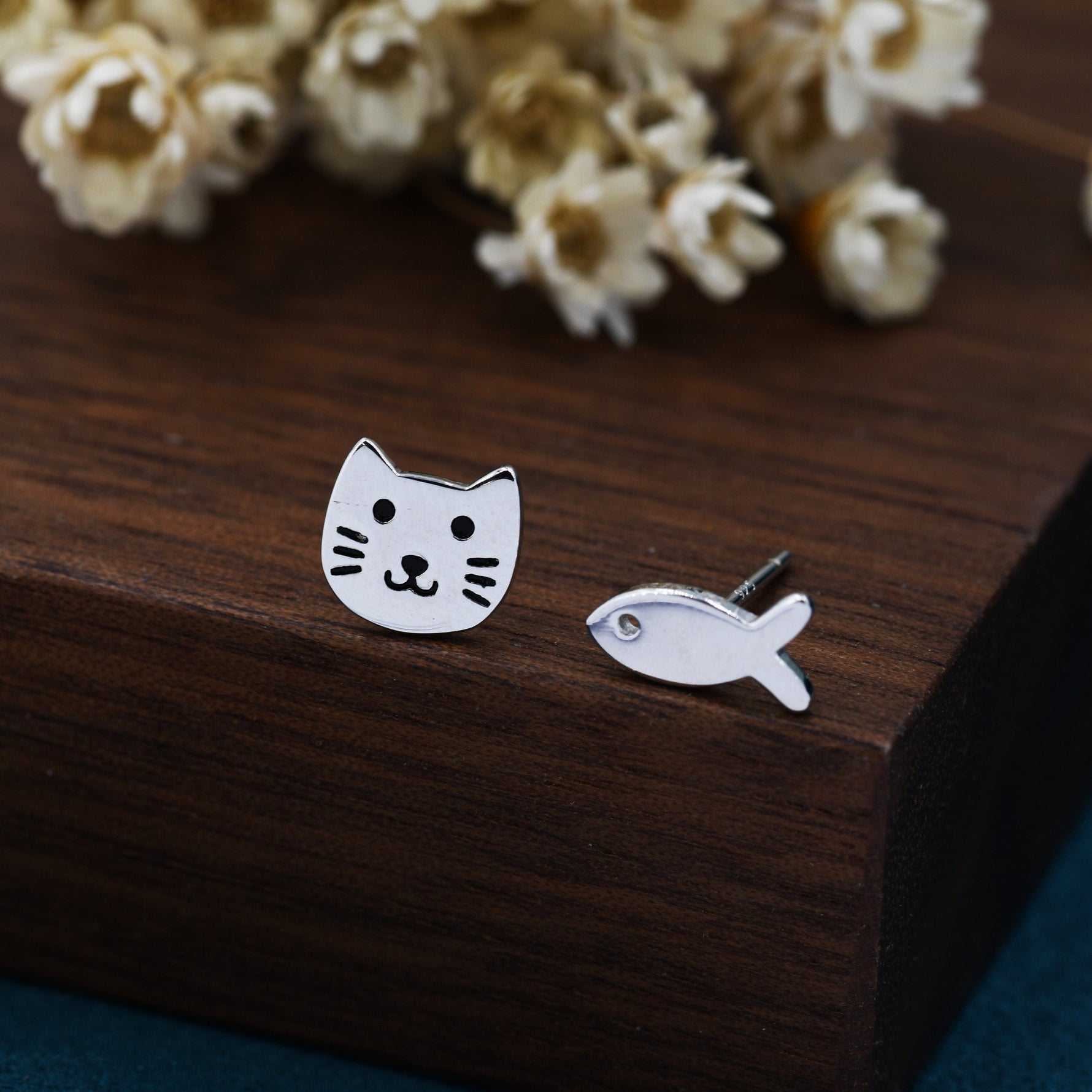 Mismatched Cat and Fish Stud Earrings in Sterling Silver, Asymmetric Cat and Fish Earrings, Cute Cat Lover Earrings