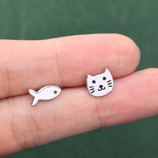 Mismatched Cat and Fish Stud Earrings in Sterling Silver, Asymmetric Cat and Fish Earrings, Cute Cat Lover Earrings