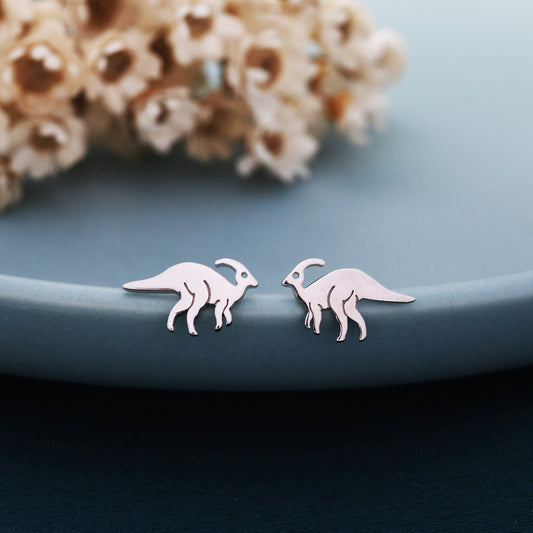 Parasaurolophus Dinosaur Stud Earrings in Sterling Silver, Silver or Gold, Dinosaur Earrings