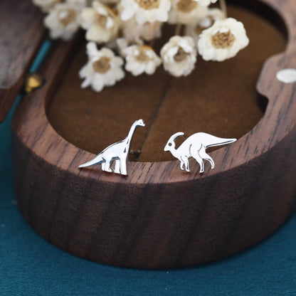 Mismatched Dinosaur Stud Earrings in Sterling Silver, Asymmetric Parasaurolophus and Brachiosaurus Dino Earrings