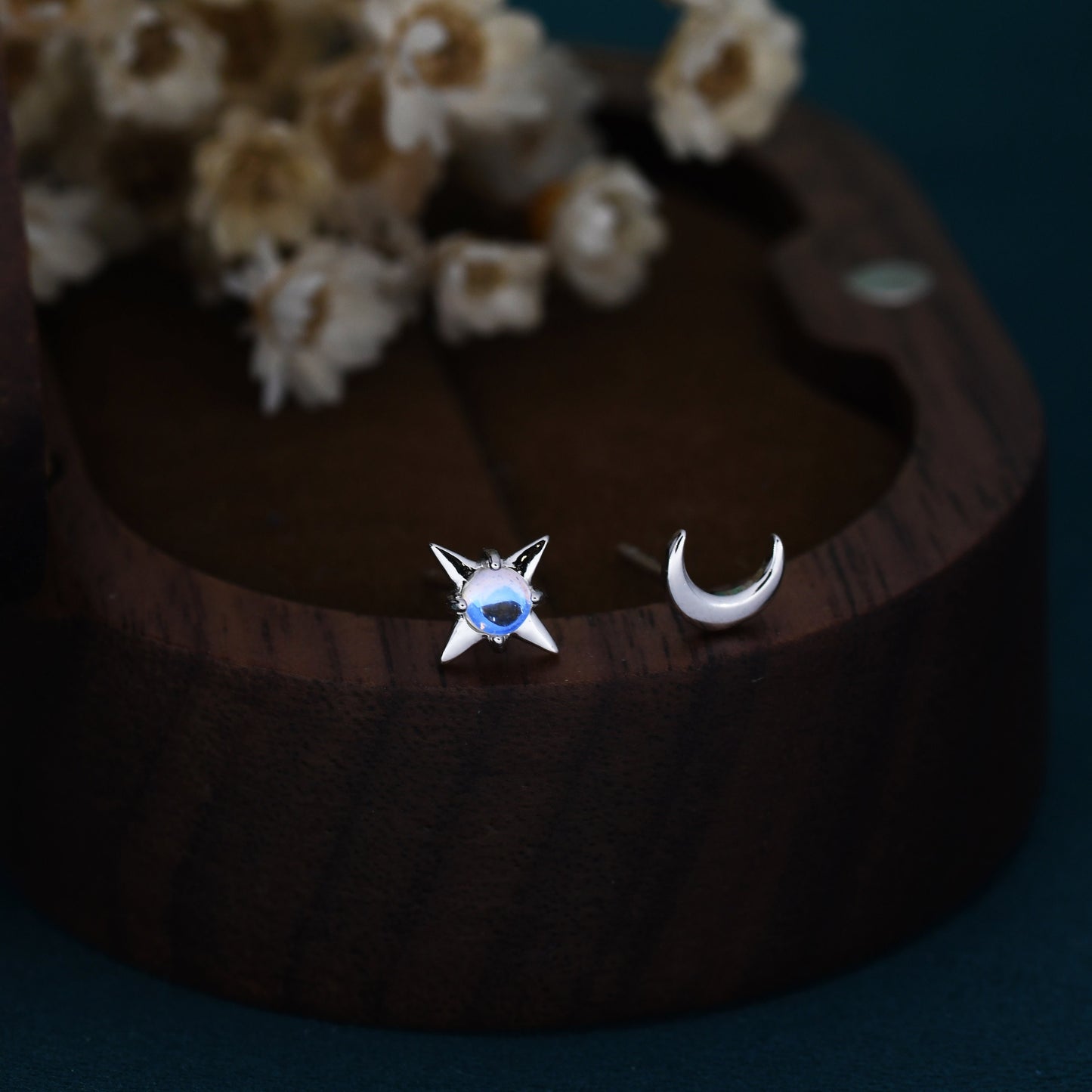 Mismatched Starburst and Moon Stud Earrings in Sterling Silver with Lab Moonstone, Asymmetric Moonstone Star and Moon Earrings