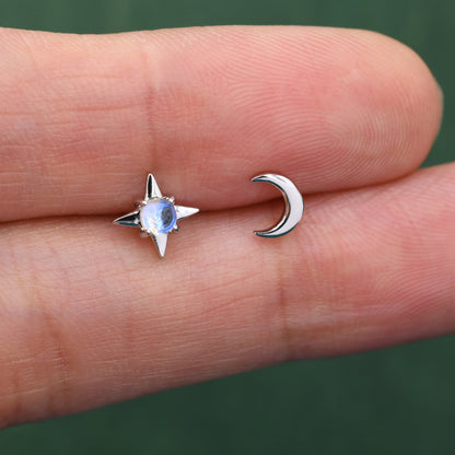 Mismatched Starburst and Moon Stud Earrings in Sterling Silver with Lab Moonstone, Asymmetric Moonstone Star and Moon Earrings