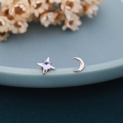 Mismatched Starburst and Moon Stud Earrings in Sterling Silver with Lab Moonstone, Asymmetric Moonstone Star and Moon Earrings