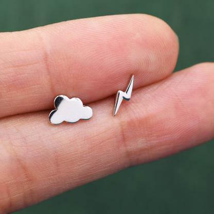 Mismatched Cloud and Lightning Bolt Stud Earrings in Sterling Silver, Asymmetric Tiny Cloud and Lightning Bolt Earrings