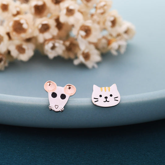 Mismatched Cat and Mouse Stud Earrings in Sterling Silver, Asymmetric Cat and Mouse Earrings, Cute Cat Lover Earrings