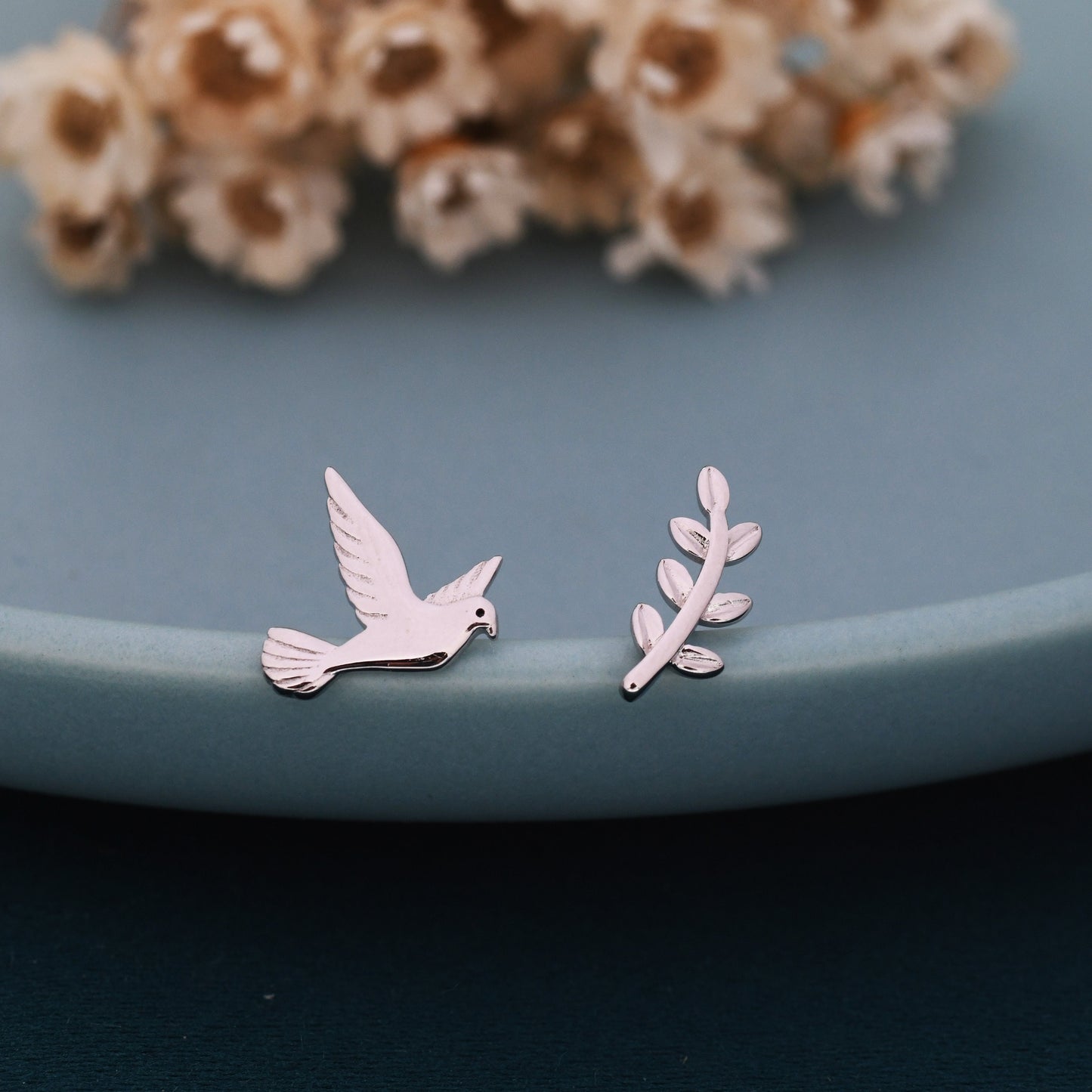 Mismatched Peace Dove and Olive Branch Stud Earrings in Sterling Silver, Asymmetric Peace Bird and Leaf Earrings