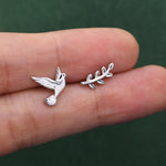 Mismatched Peace Dove and Olive Branch Stud Earrings in Sterling Silver, Asymmetric Peace Bird and Leaf Earrings