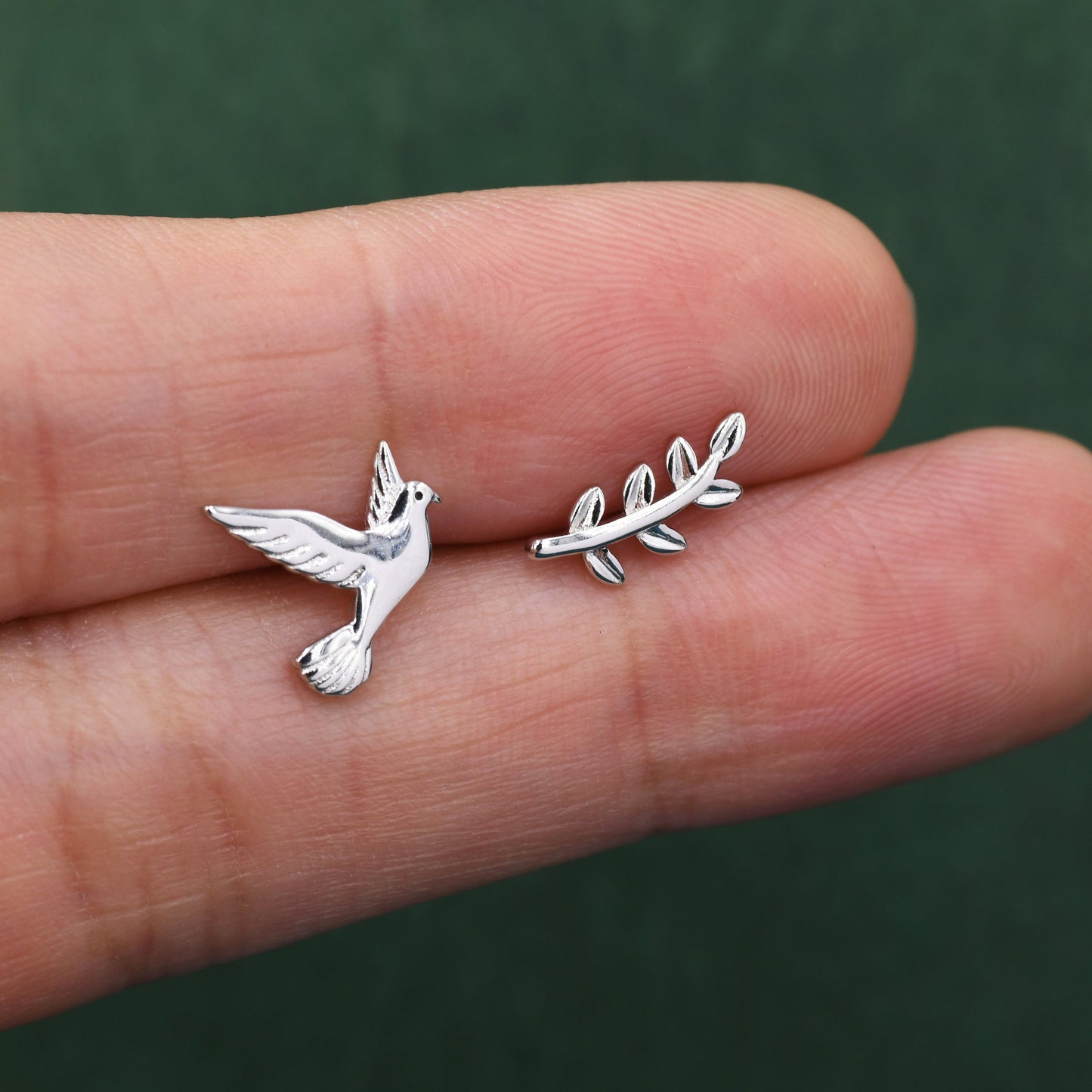 Mismatched Peace Dove and Olive Branch Stud Earrings in Sterling Silver, Asymmetric Peace Bird and Leaf Earrings