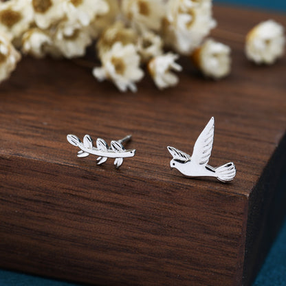 Mismatched Peace Dove and Olive Branch Stud Earrings in Sterling Silver, Asymmetric Peace Bird and Leaf Earrings