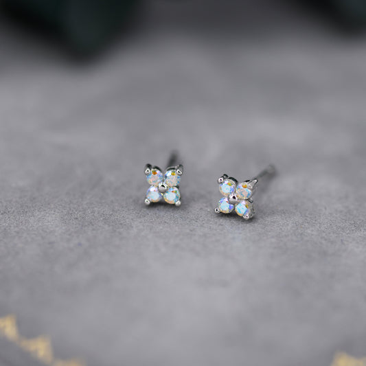 Extra Small Aurora CZ Flower Stud Earrings in Sterling Silver -  Aurora AB Crystal CZ Stud, Hydrangea Stud