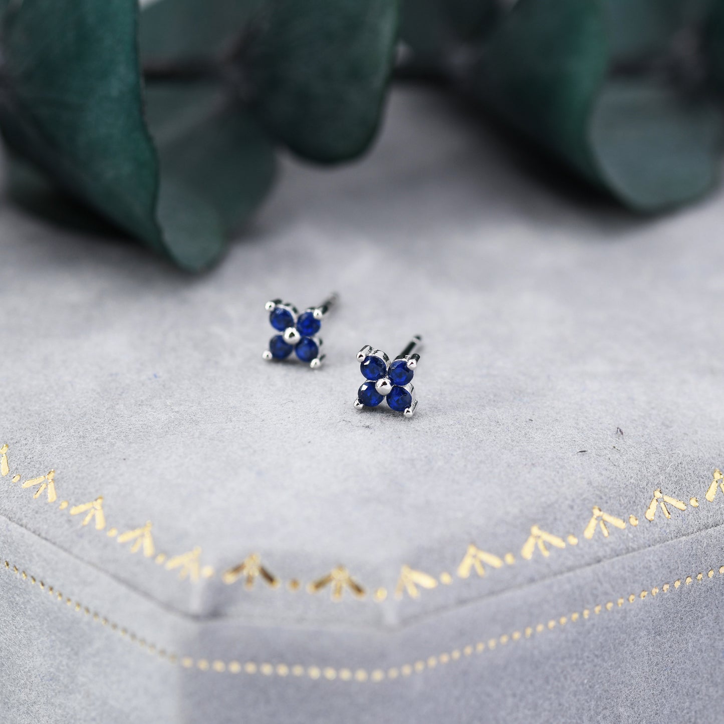 Sapphire Blue CZ Flower Stud Earrings in Sterling Silver, Crystal Flower Earrings, Blue Hydrangea Four Crystal Stud Earrings, Four CZ