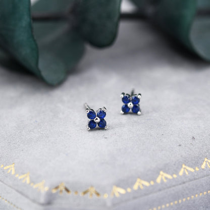 Sapphire Blue CZ Flower Stud Earrings in Sterling Silver, Crystal Flower Earrings, Blue Hydrangea Four Crystal Stud Earrings, Four CZ