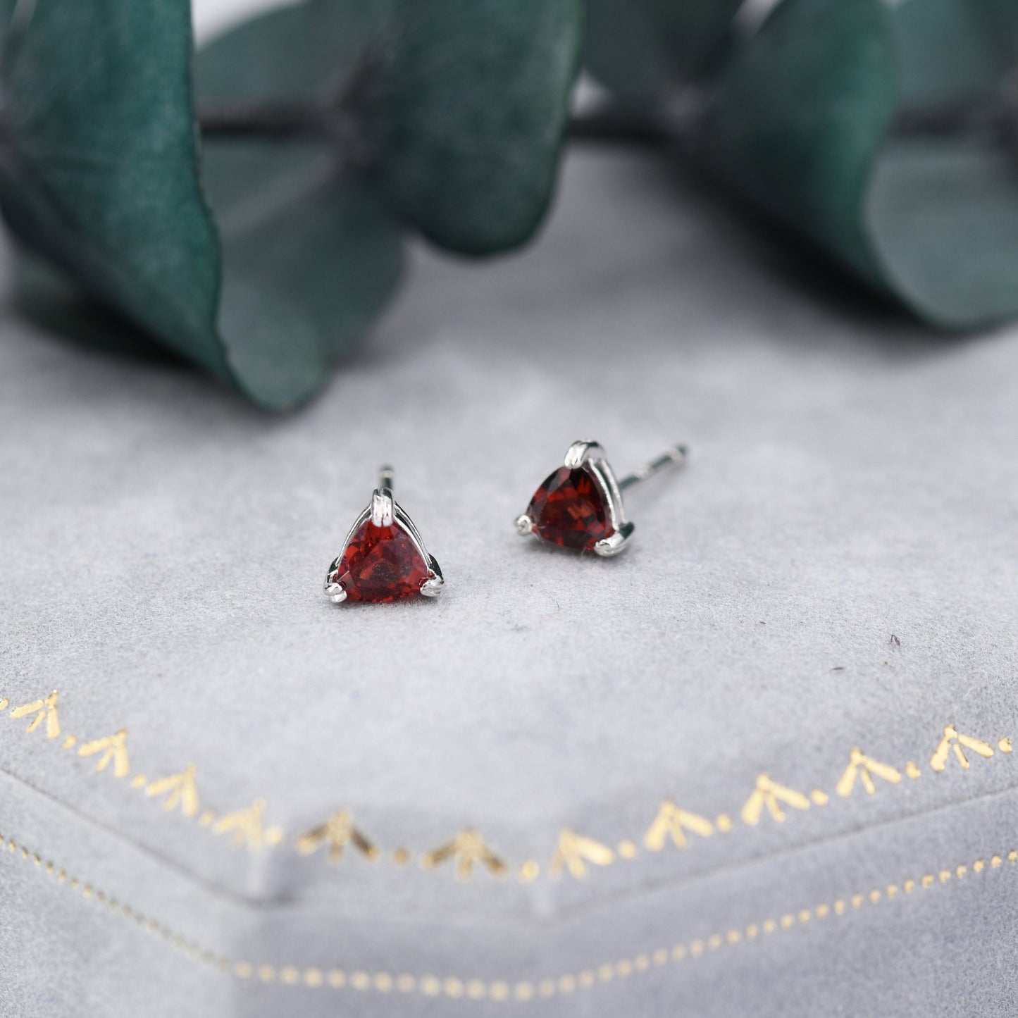 Genuine Garnet Stone Stud Earrings in Sterling Silver, Silver Trillion Cut Garnet Earrings, Double Pronged