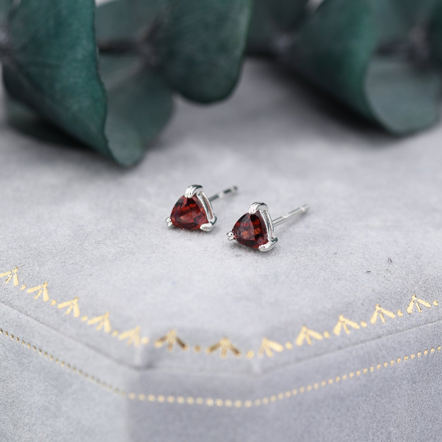 Genuine Garnet Stone Stud Earrings in Sterling Silver, Silver Trillion Cut Garnet Earrings, Double Pronged