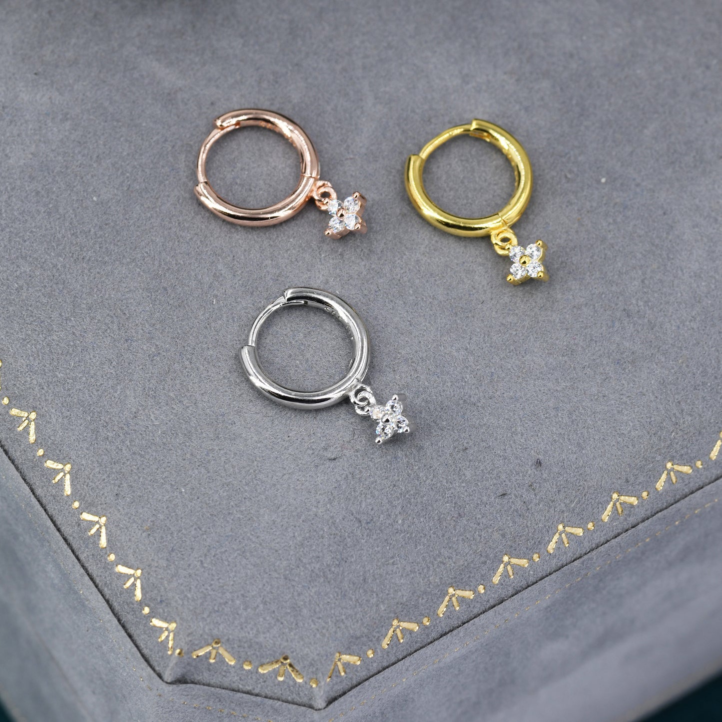 Extra Tiny Hydrangea Flower CZ Huggie Hoop Earrings in Sterling Silver, Silver or Gold or Rose Gold