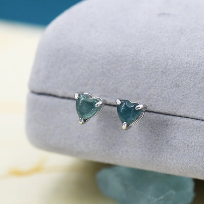 Natural Greyish Blue Tourmaline Heart Stud Earrings in Sterling Silver, 4mm or 6mm Crystal, Genuine Tourmaline Heart Stud Earrings