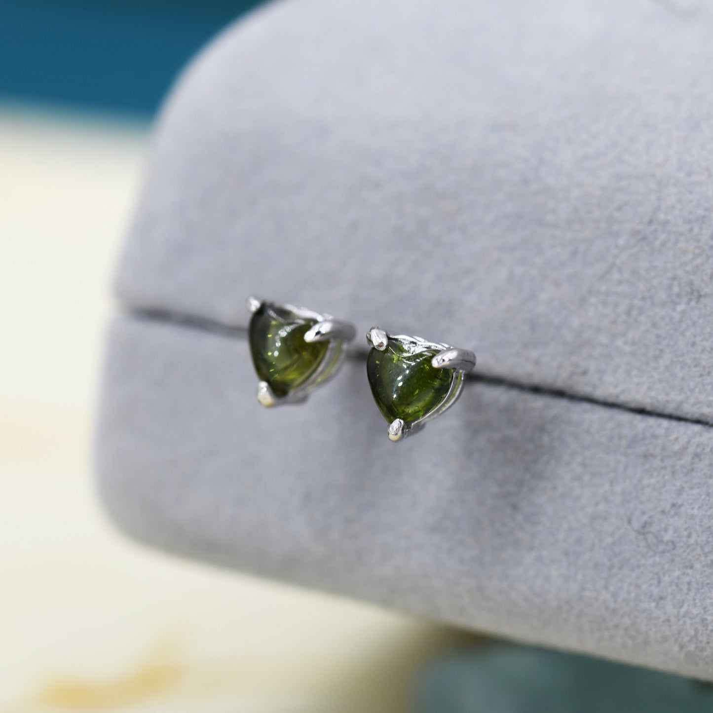 Natural Green Blue Tourmaline Heart Stud Earrings in Sterling Silver, 4mm or 6mm Crystal, Genuine Tourmaline Heart Stud Earrings