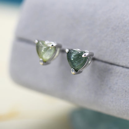 Natural Green Blue Tourmaline Heart Stud Earrings in Sterling Silver, 4mm or 6mm Crystal, Genuine Tourmaline Heart Stud Earrings