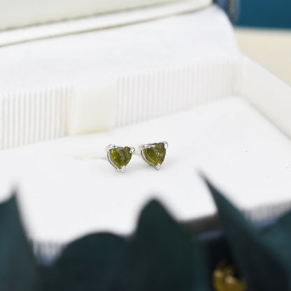 Natural Forest Green Tourmaline Heart Stud Earrings in Sterling Silver, 4mm Tourmaline Crystal, Genuine Green Tourmaline Heart Stud Earrings