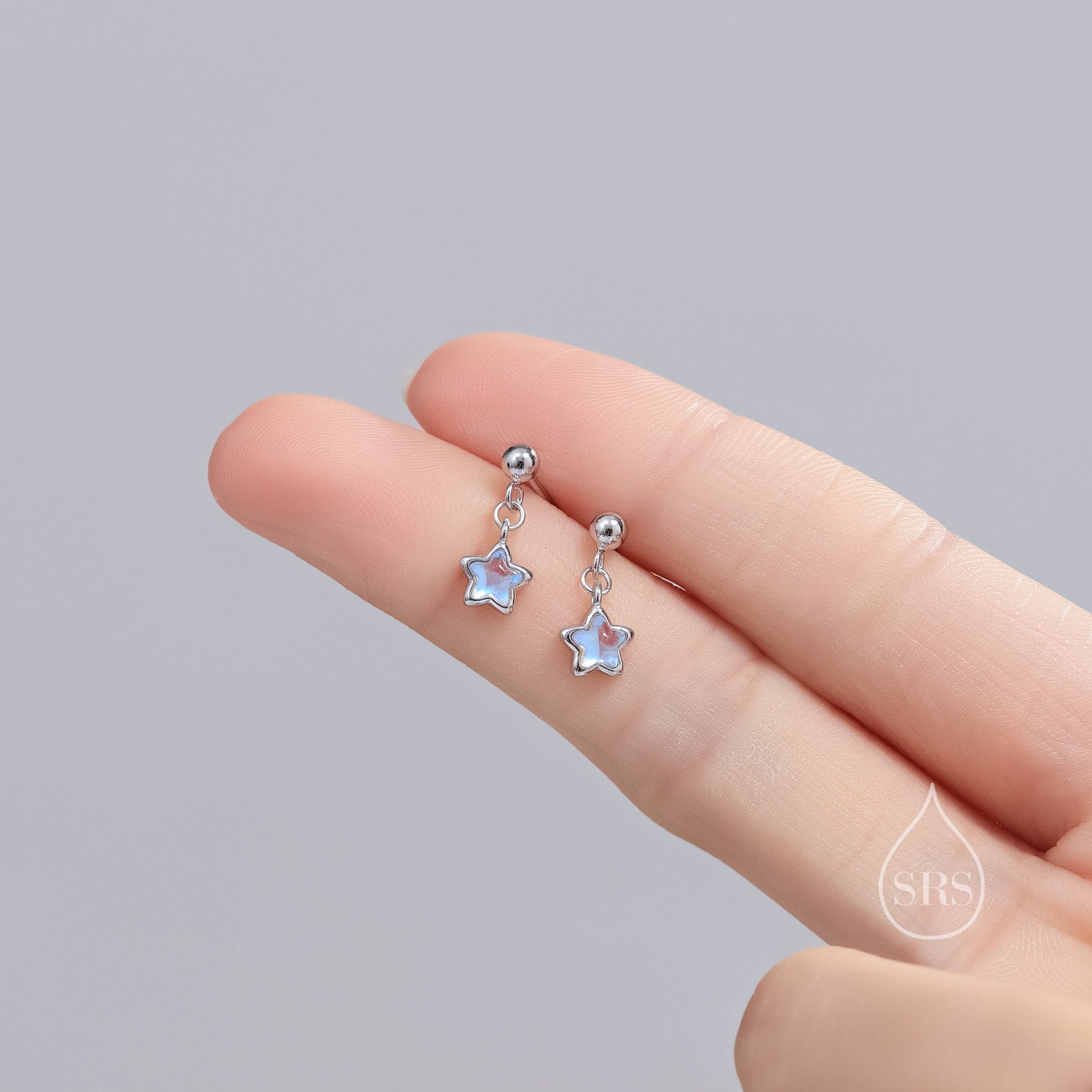 Tiny Moonstone Star Dangle Stud Earrings in Sterling Silver, Silver or Gold, Aurora Star Earrings, Sunburst Earrings, Celestial