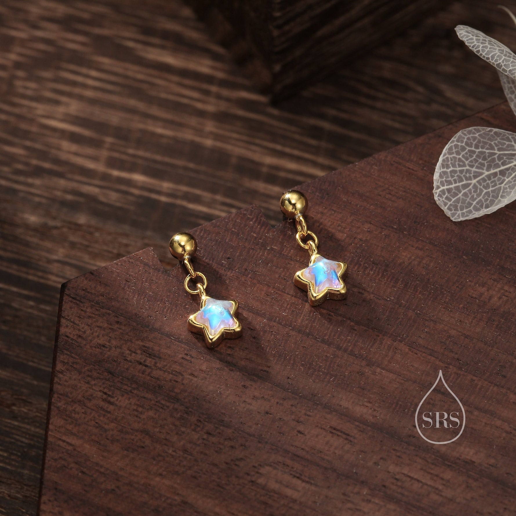 Tiny Moonstone Star Dangle Stud Earrings in Sterling Silver, Silver or Gold, Aurora Star Earrings, Sunburst Earrings, Celestial