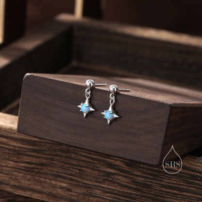 Tiny Blue Opal Star Dangle Stud Earrings in Sterling Silver, Silver or Gold, Lab Opal Star Earrings, Sunburst Earrings, Celestial