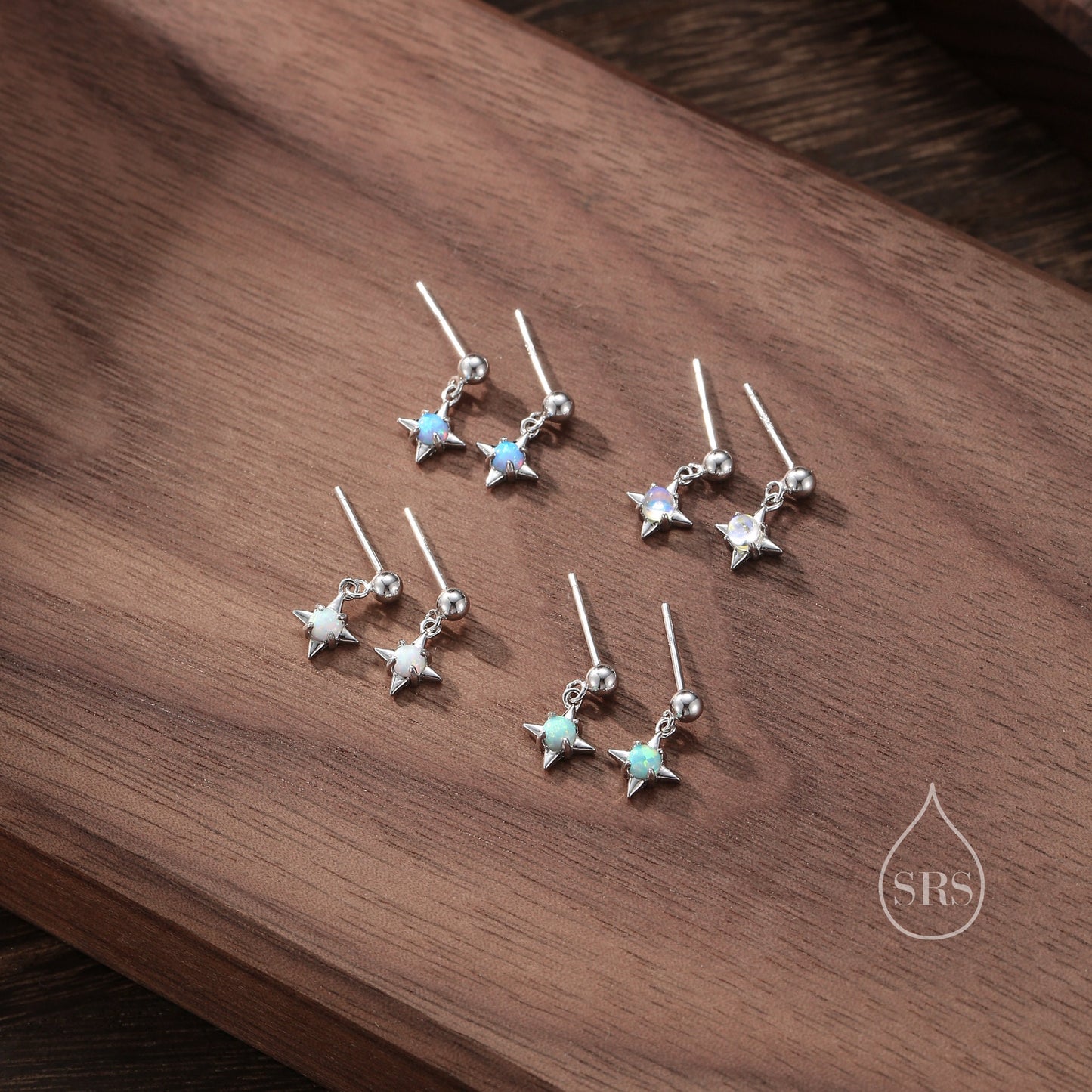 Aqua Green Opal Star Dangle Stud Earrings in Sterling Silver, Silver or Gold, Lab Opal Star Earrings, Sunburst Earrings, Celestial Earrings