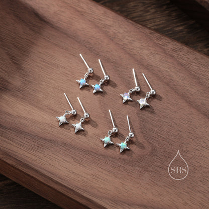 Aqua Green Opal Star Dangle Stud Earrings in Sterling Silver, Silver or Gold, Lab Opal Star Earrings, Sunburst Earrings, Celestial Earrings