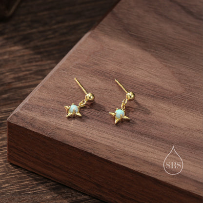 Aqua Green Opal Star Dangle Stud Earrings in Sterling Silver, Silver or Gold, Lab Opal Star Earrings, Sunburst Earrings, Celestial Earrings