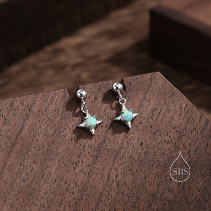 Aqua Green Opal Star Dangle Stud Earrings in Sterling Silver, Silver or Gold, Lab Opal Star Earrings, Sunburst Earrings, Celestial Earrings