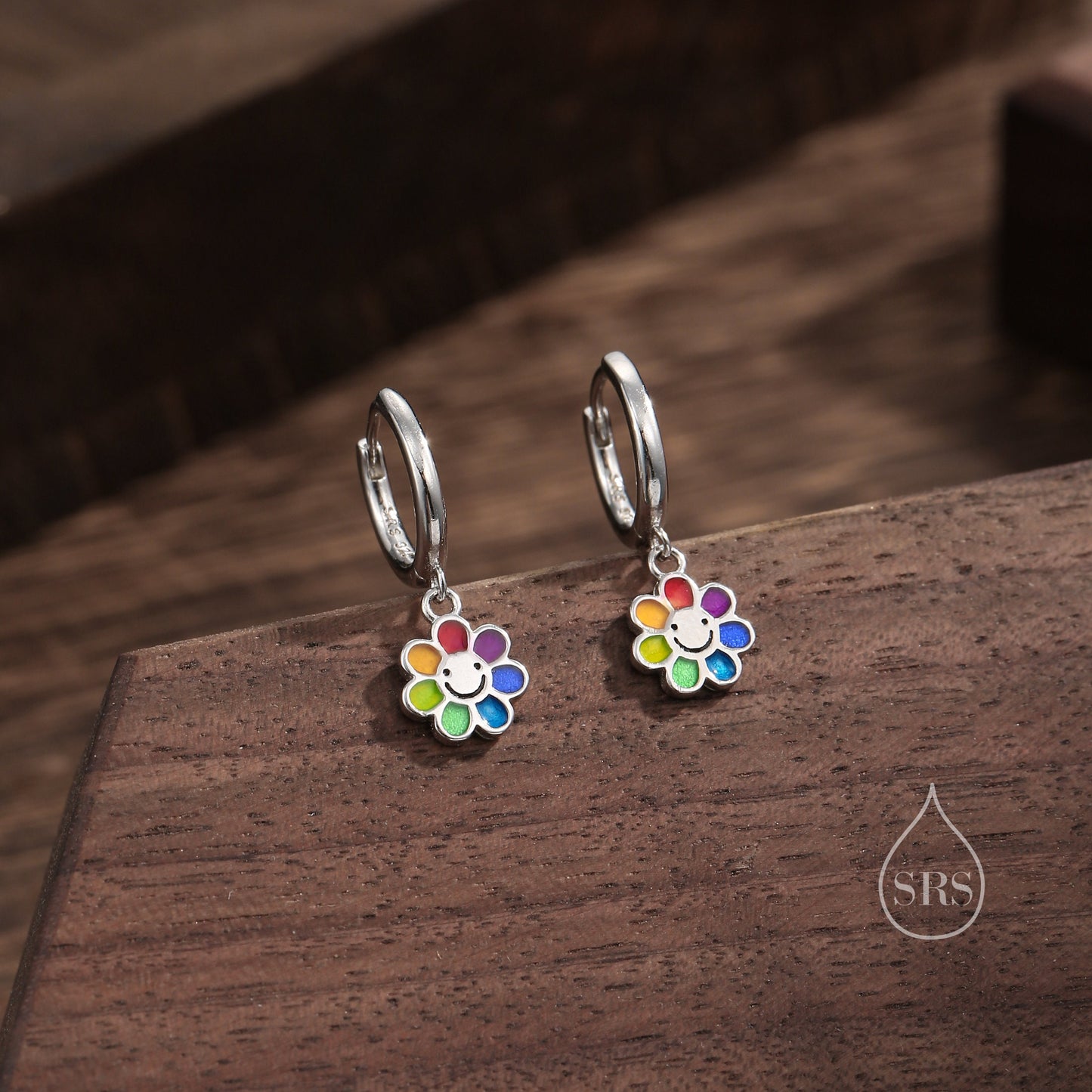 Enamel Smiling Flower Huggie Hoop Earrings in Sterling Silver, Silver Rainbow Flower Earrings, Multi Colour Flower Hoops in Sterling Silver