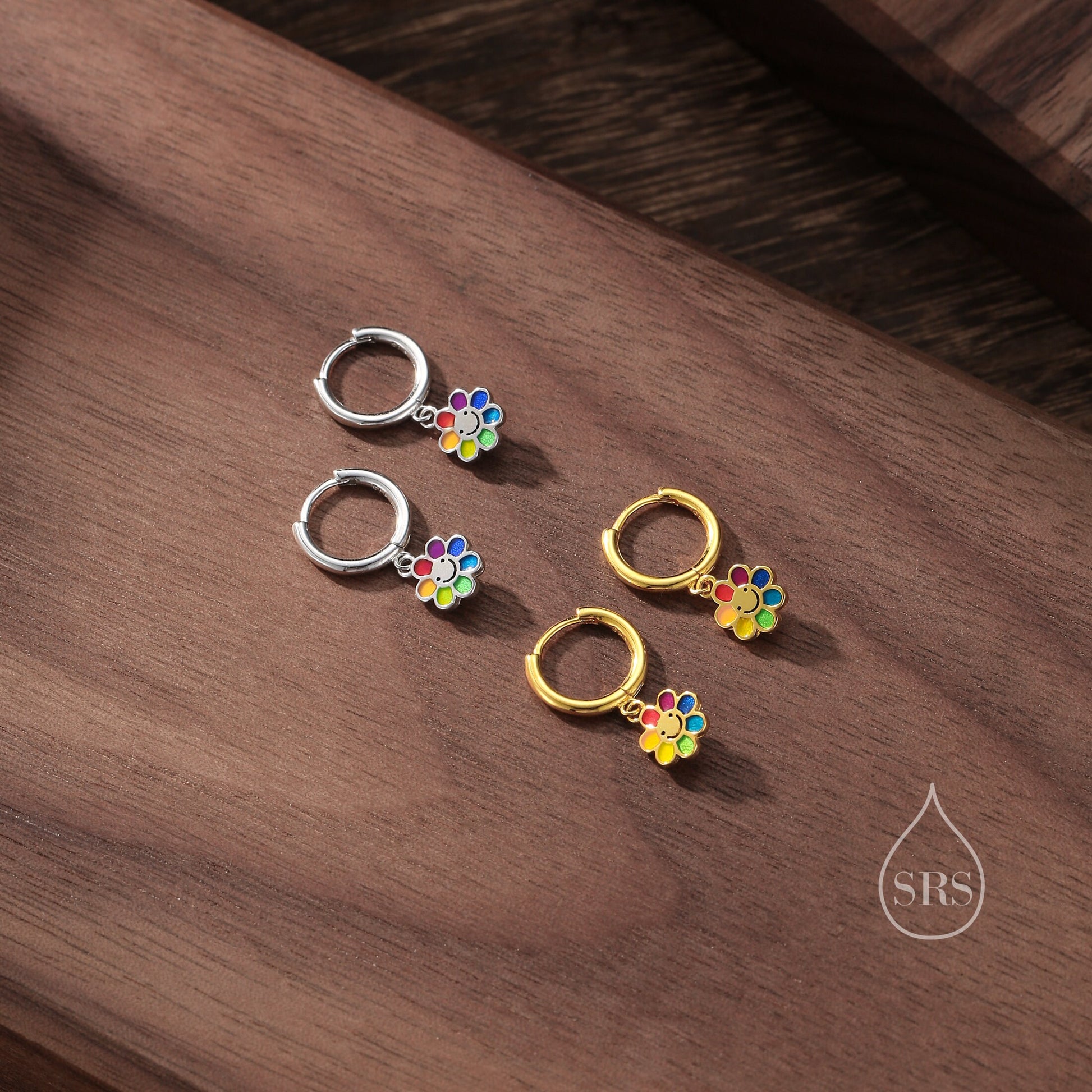 Enamel Smiling Flower Huggie Hoop Earrings in Sterling Silver, Silver Rainbow Flower Earrings, Multi Colour Flower Hoops in Sterling Silver