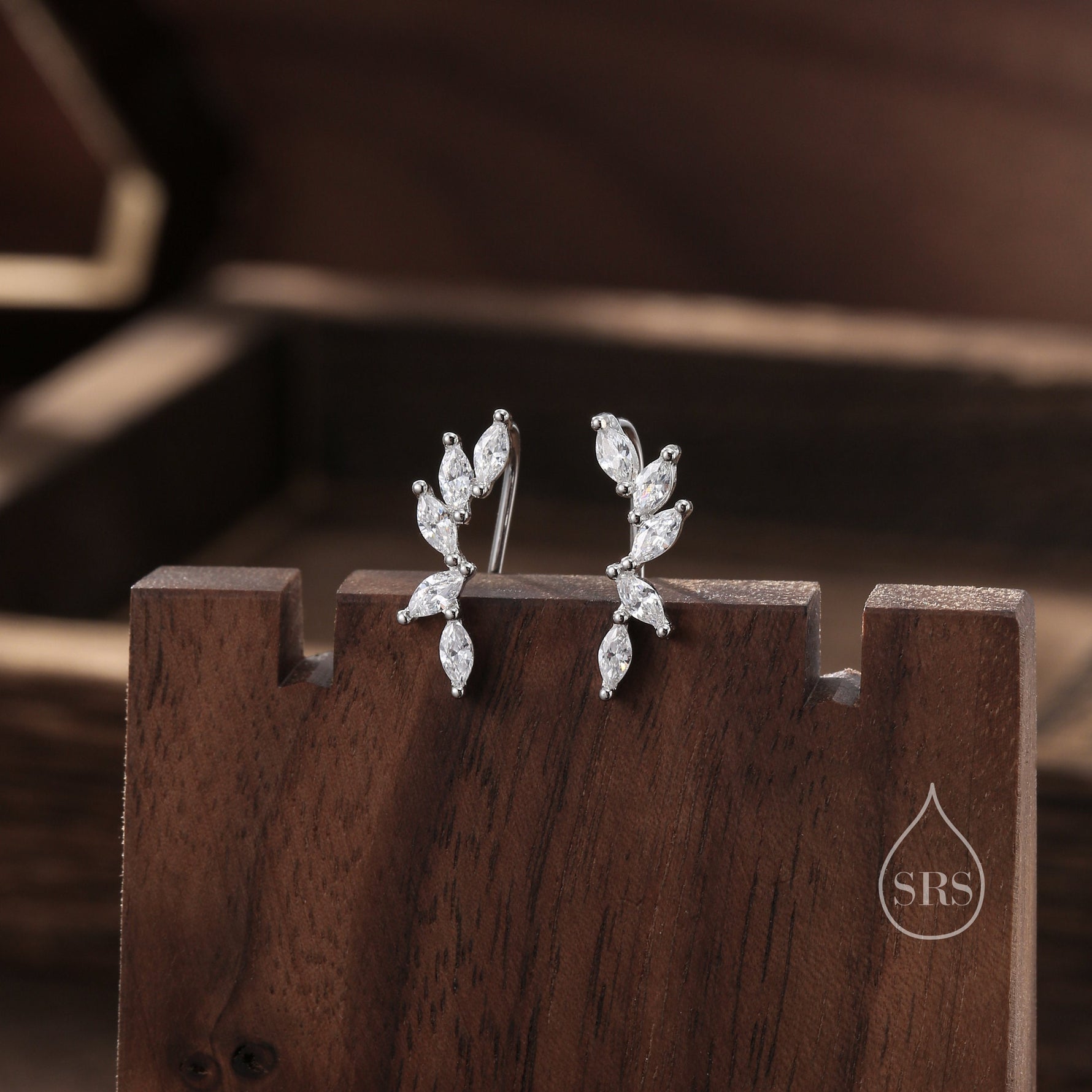 Clear CZ Cluster Crawler Earrings in Sterling Silver, Silver or Gold, CZ Marquise Ear Crawlers, CZ Cluster Earrings