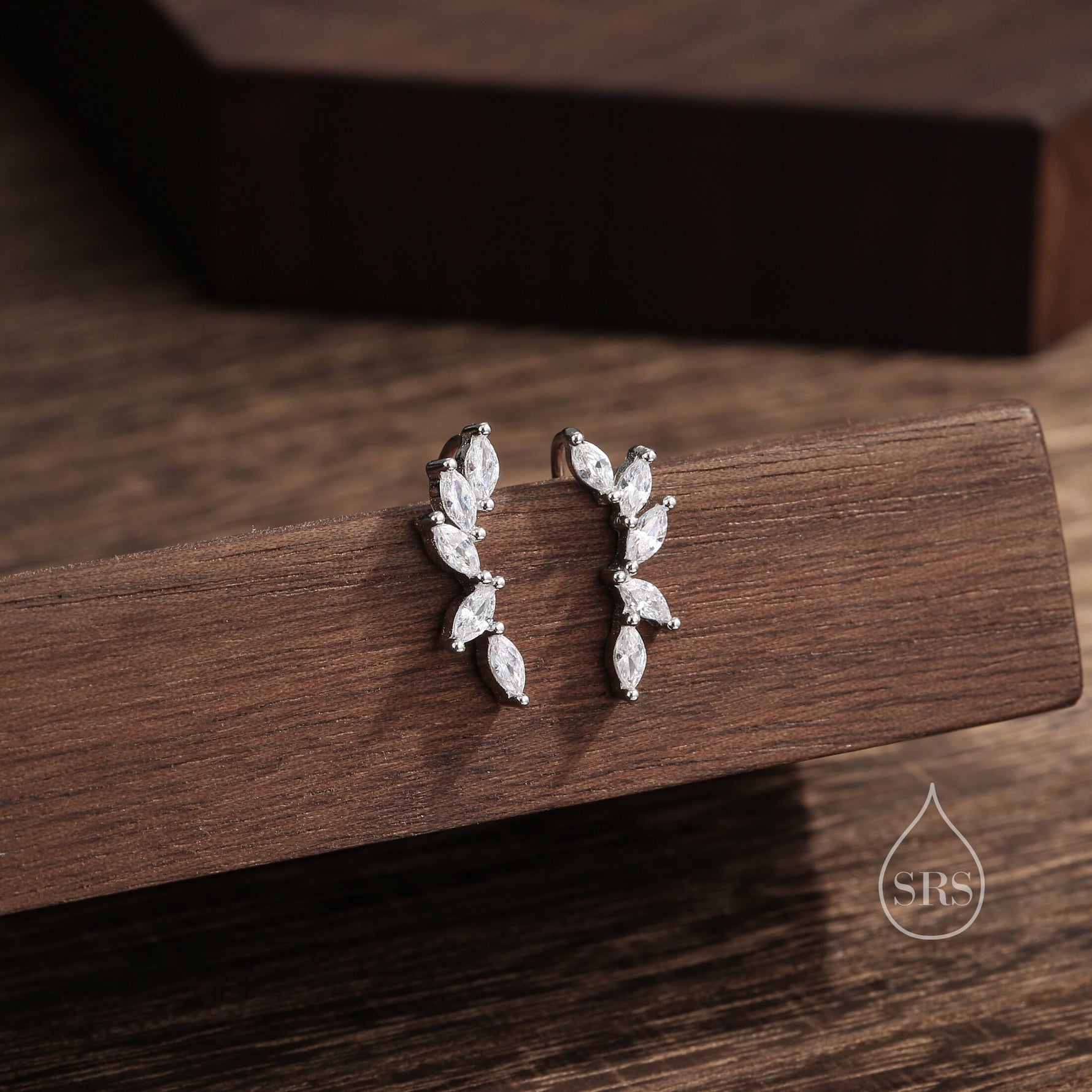 Clear CZ Cluster Crawler Earrings in Sterling Silver, Silver or Gold, CZ Marquise Ear Crawlers, CZ Cluster Earrings