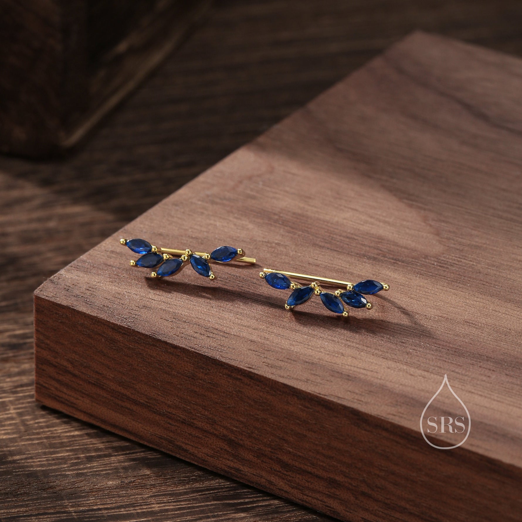 Sapphire Blue CZ Cluster Crawler Earrings in Sterling Silver, Silver or Gold, Blue CZ Marquise Ear Crawlers, CZ Cluster Earrings