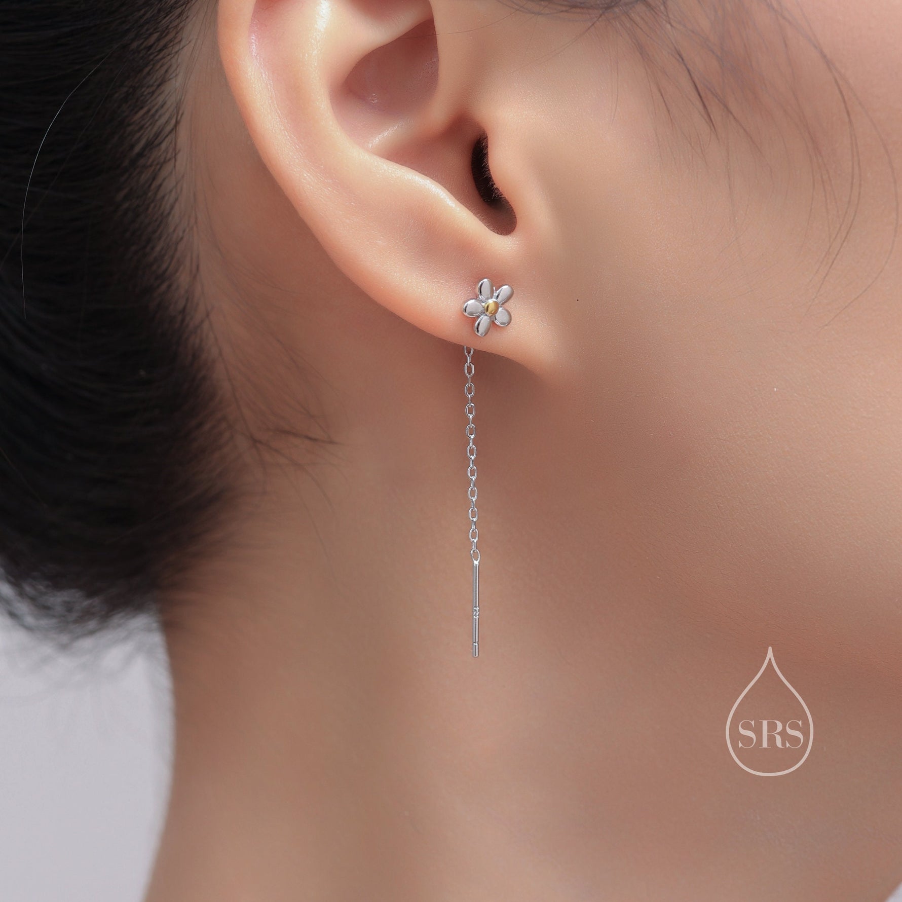 Forget Me Not Threader Earrings in Sterling Silver, Daisy Flower with Dangle Chain Earrings, Flower Chain Earrings