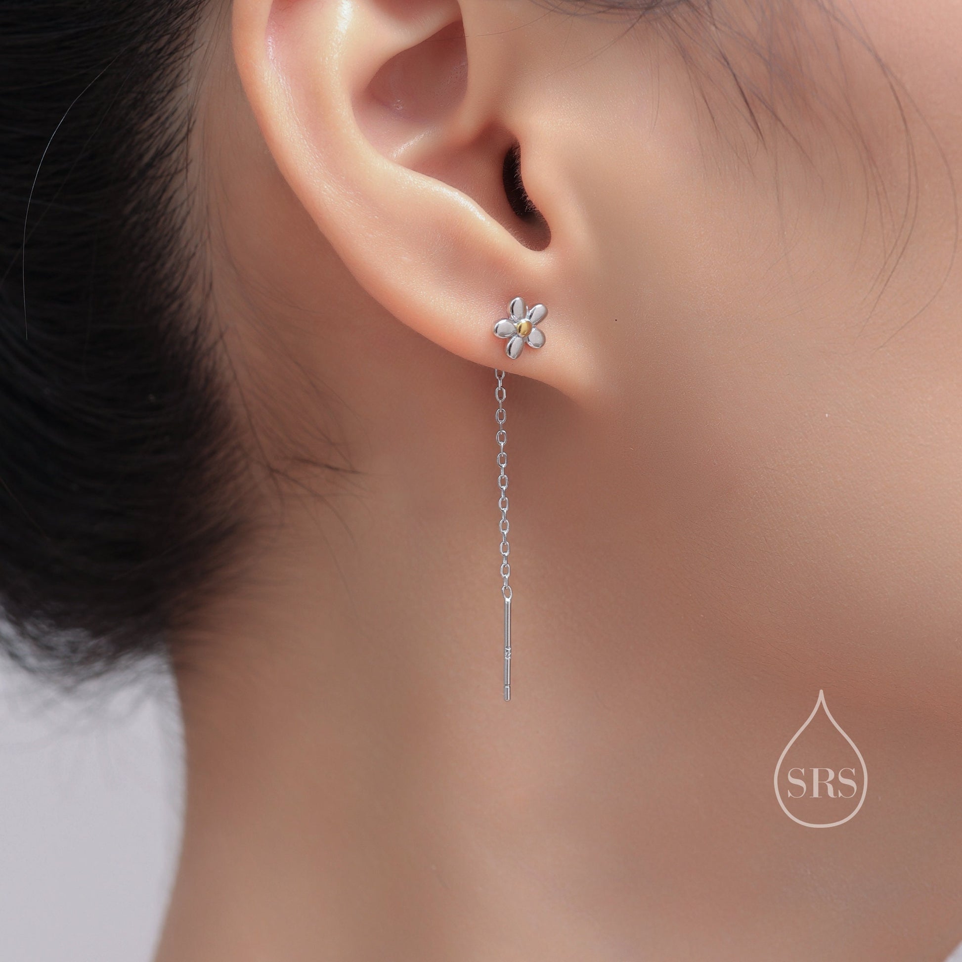 Forget Me Not Threader Earrings in Sterling Silver, Daisy Flower with Dangle Chain Earrings, Flower Chain Earrings