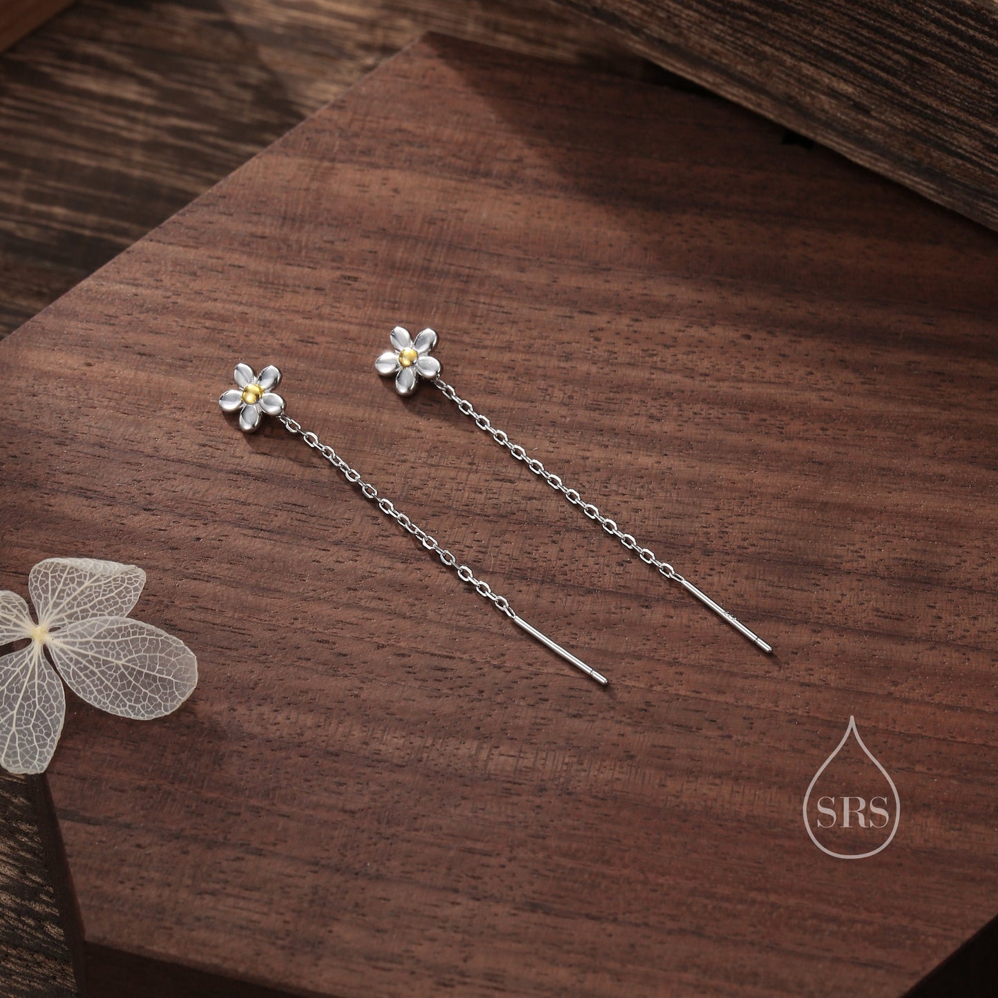 Forget Me Not Threader Earrings in Sterling Silver, Daisy Flower with Dangle Chain Earrings, Flower Chain Earrings