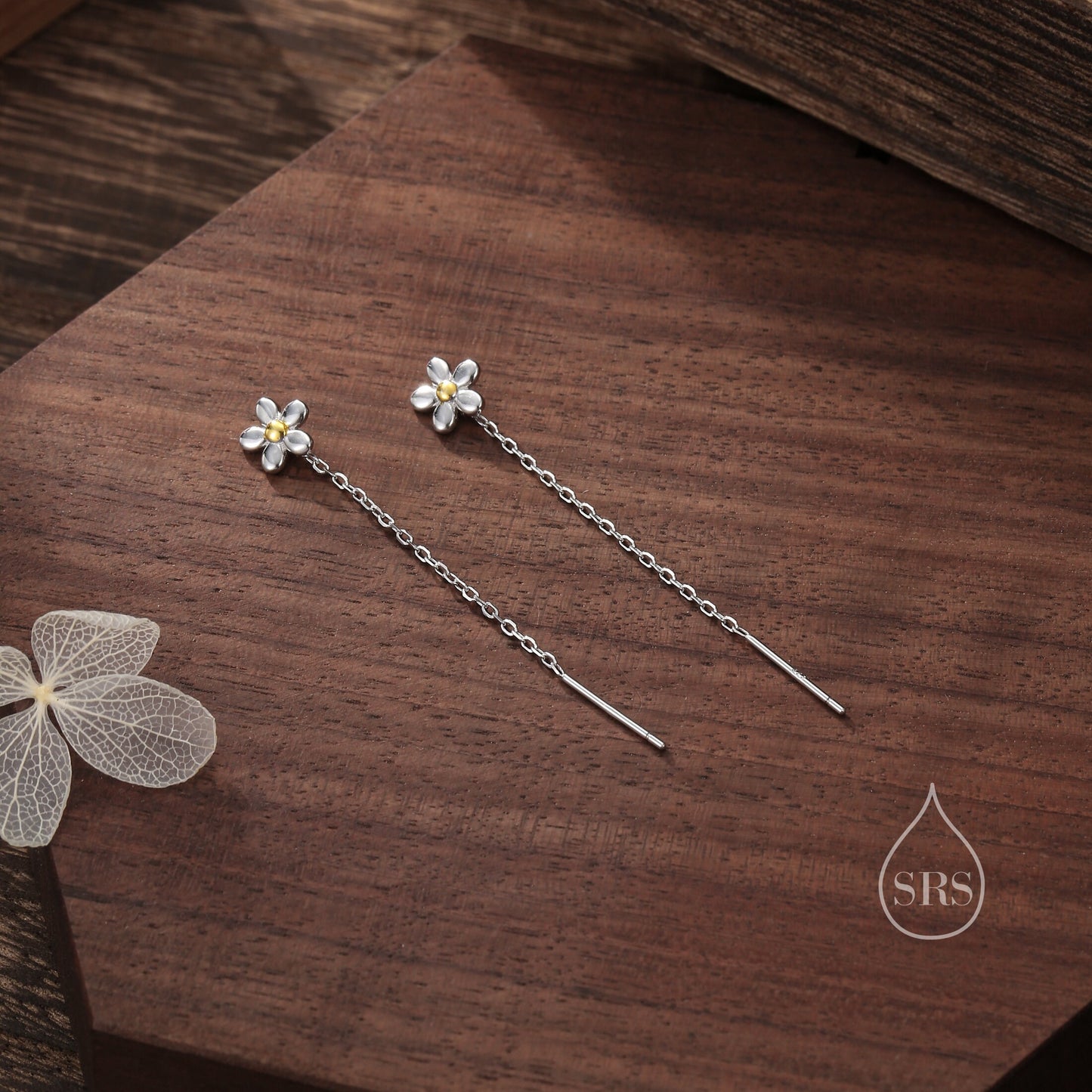 Forget Me Not Threader Earrings in Sterling Silver, Daisy Flower with Dangle Chain Earrings,  Flower Chain Earrings