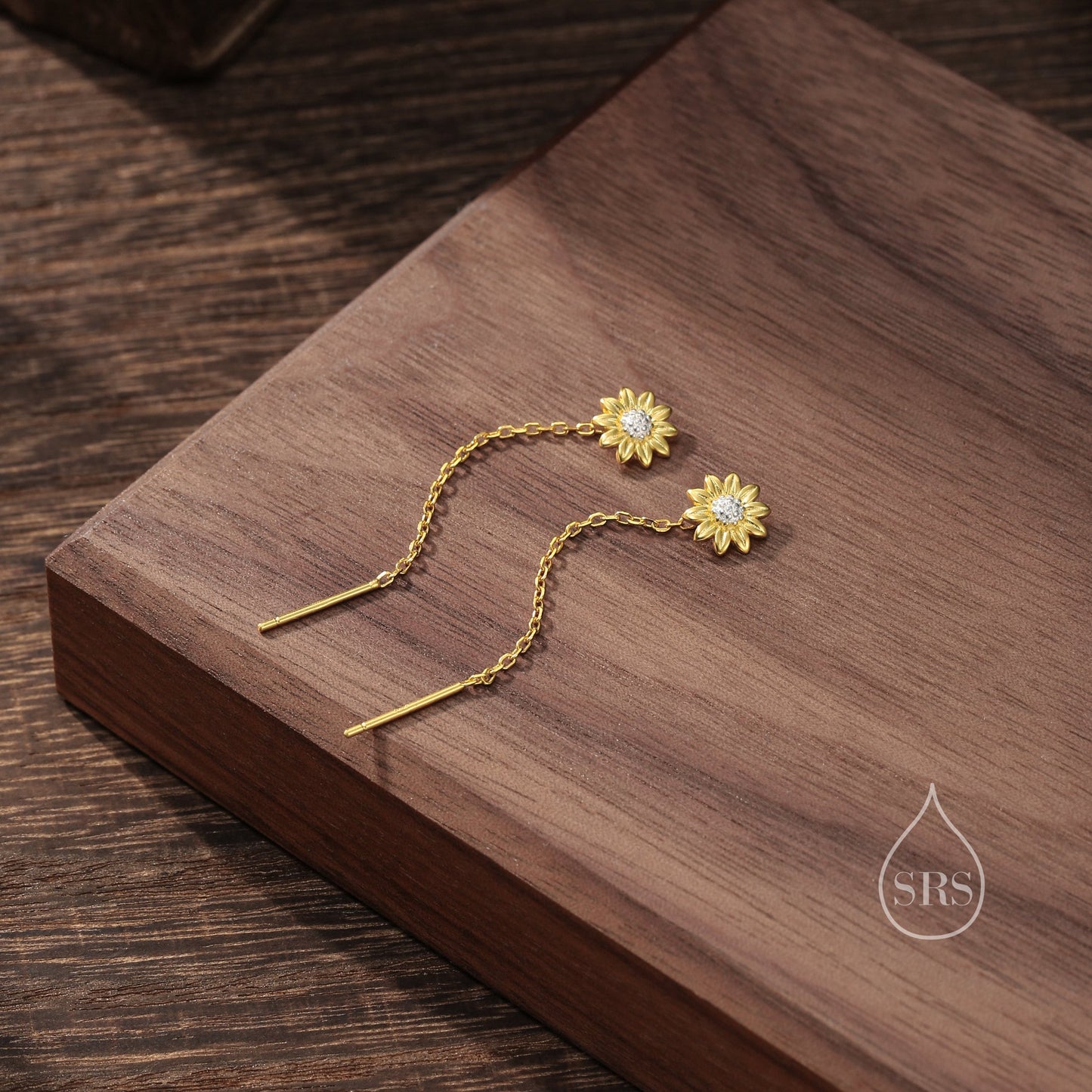 Sunflower Threader Earrings in Sterling Silver, Sunflower with Dangle Chain Earrings, Flower Chain Earrings