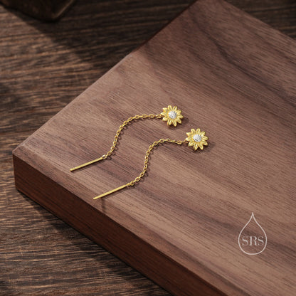 Sunflower Threader Earrings in Sterling Silver, Sunflower with Dangle Chain Earrings, Flower Chain Earrings