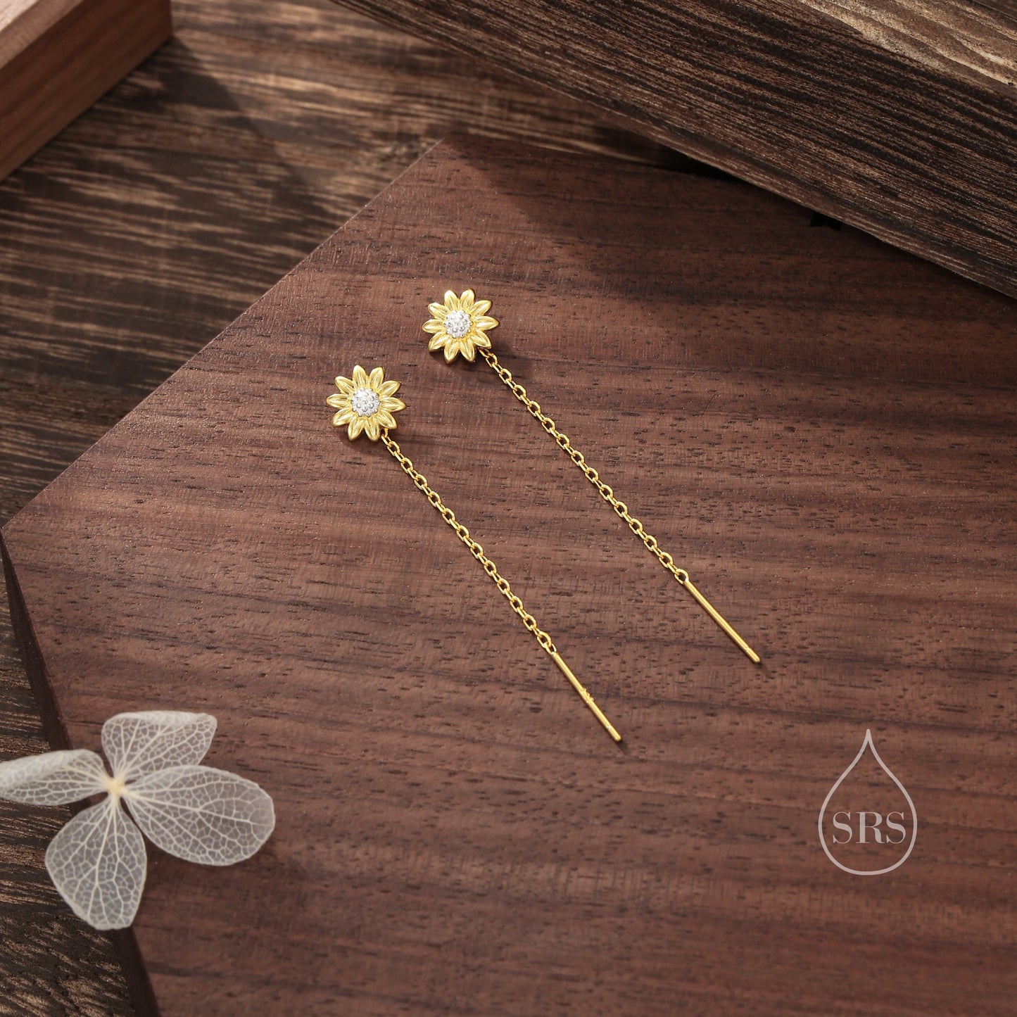 Sunflower Threader Earrings in Sterling Silver, Sunflower with Dangle Chain Earrings, Flower Chain Earrings
