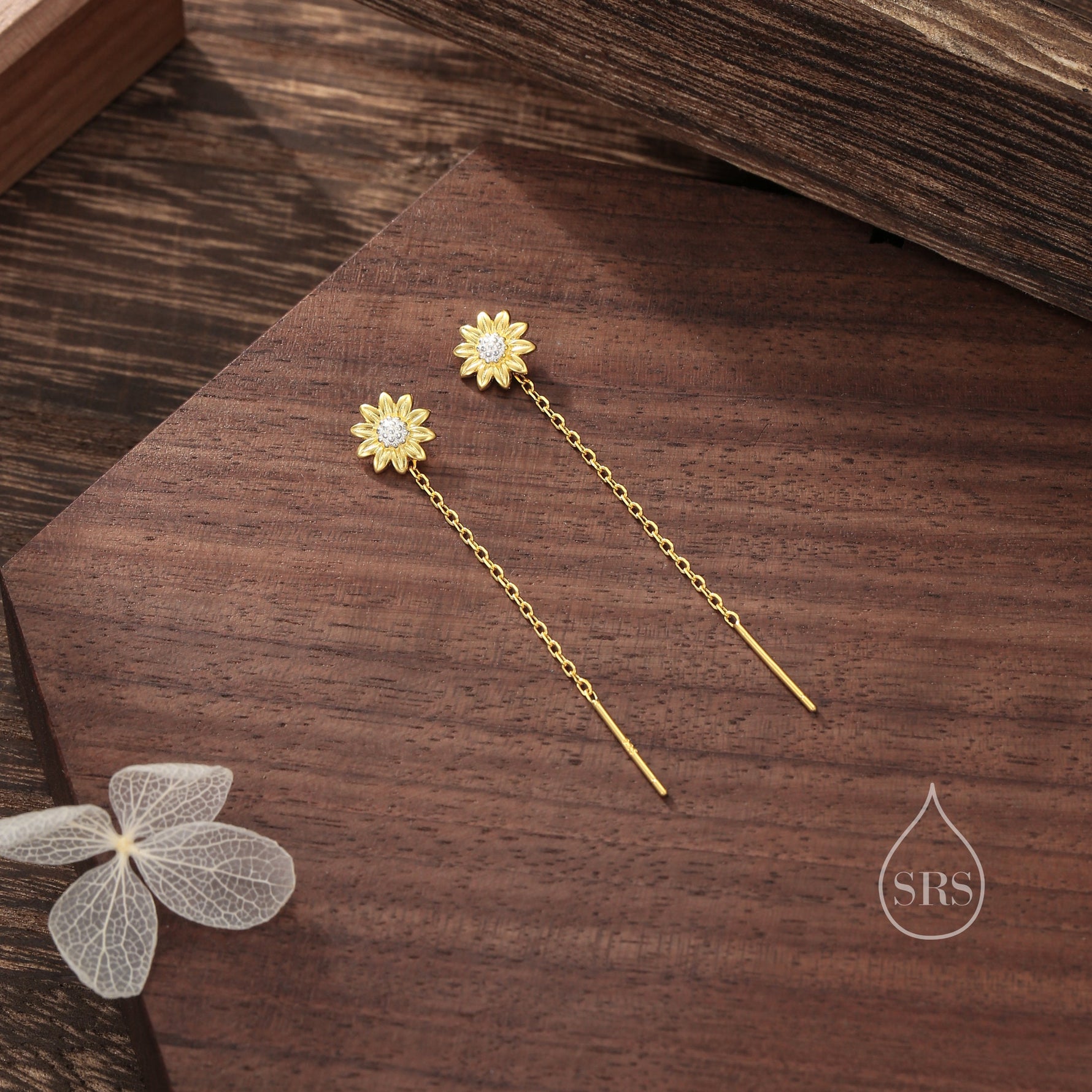 Sunflower Threader Earrings in Sterling Silver, Sunflower with Dangle Chain Earrings, Flower Chain Earrings