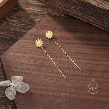 Sunflower Threader Earrings in Sterling Silver, Sunflower with Dangle Chain Earrings, Flower Chain Earrings