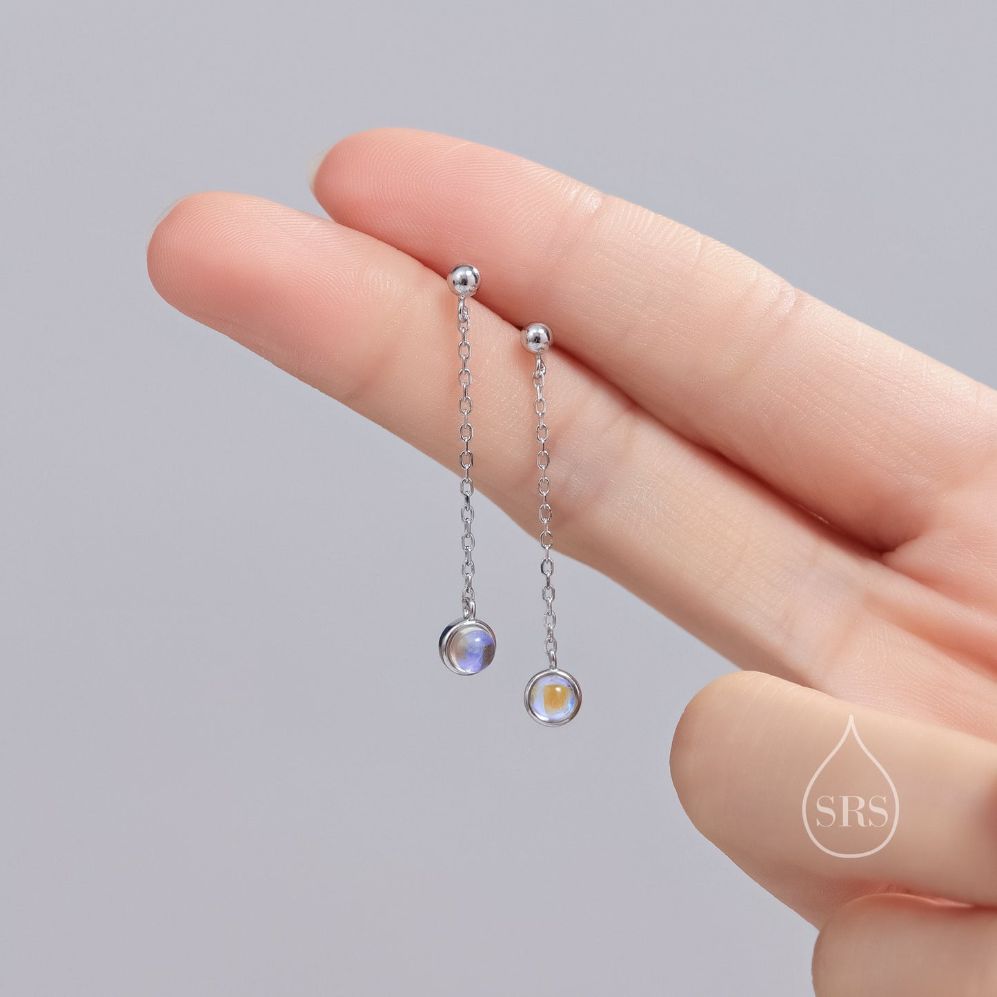 Moonstone with Chain Dangle Stud Earrings in Sterling Silver, Silver or Gold, Lab Moonstone Earrings, Minimal Dangling Moonstone Earrings