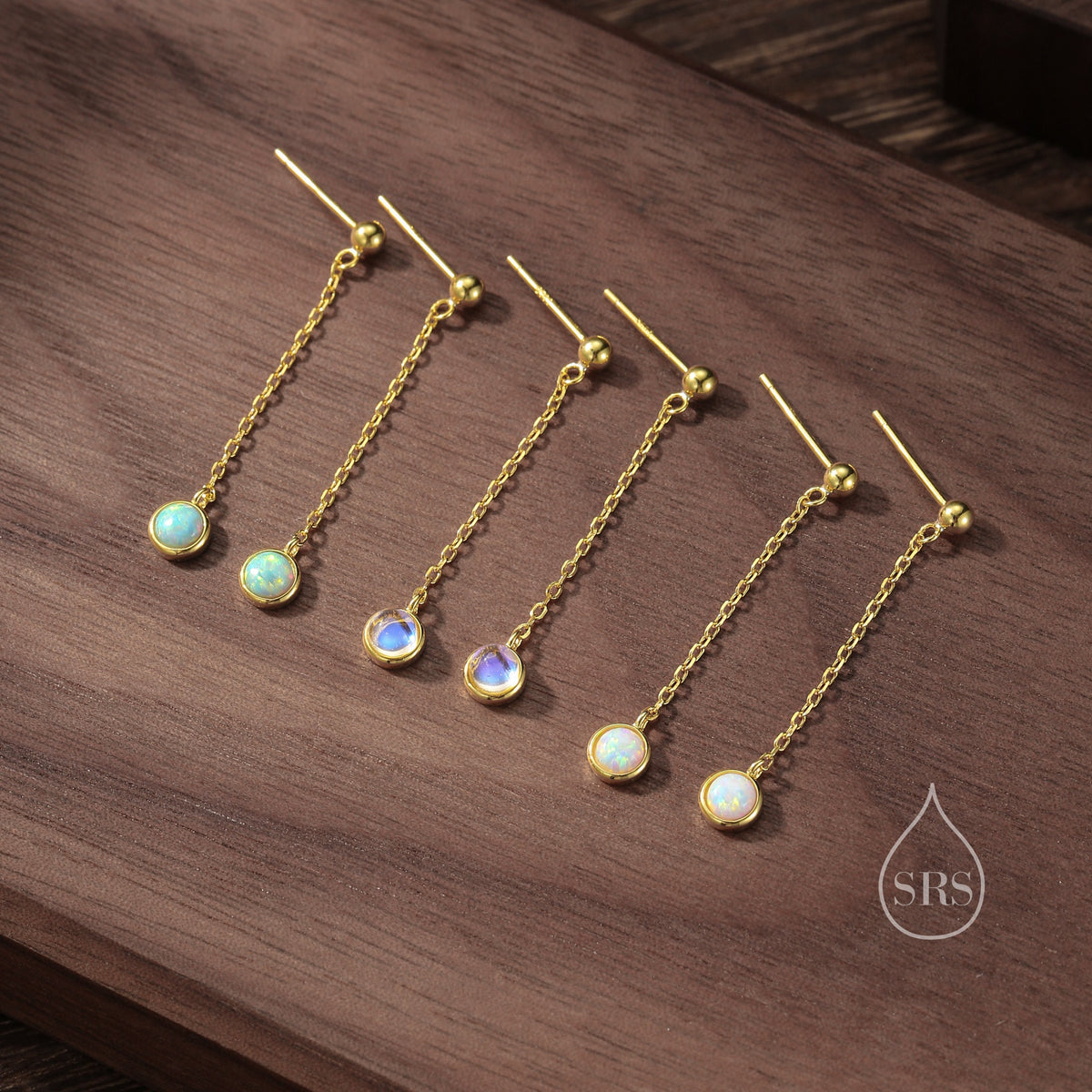 Sale! White Opal with Chain Dangle Stud Earrings in Sterling Silver, Silver or Gold, Lab Opal Earrings, Minimal Dangling Fire Opal Earrings