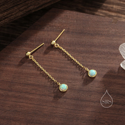 Aqua Green Opal with Chain Dangle Stud Earrings in Sterling Silver, Silver or Gold, Lab Opal Earrings, Minimal Dangling Opal Earrings