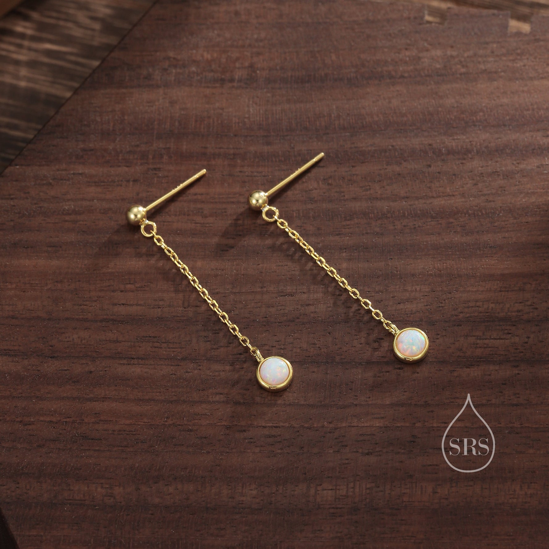 Sale! White Opal with Chain Dangle Stud Earrings in Sterling Silver, Silver or Gold, Lab Opal Earrings, Minimal Dangling Fire Opal Earrings