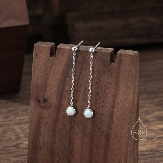 White Opal with Chain Dangle Stud Earrings in Sterling Silver, Silver or Gold, Lab Opal Earrings, Minimal Dangling Fire Opal Earrings